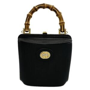 Gucci Mini Bamboo Bucket Bag Handbag 616436 Black Brown Leather Wood